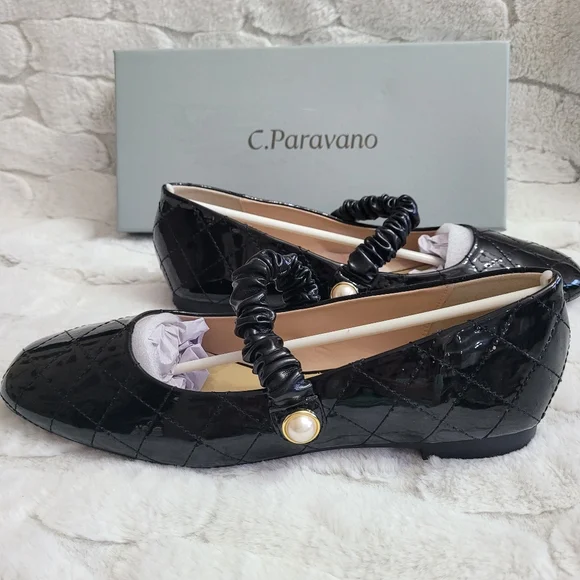 C. Paravano Women's Size 9.5 Black Patent Leather Elastic Strap Clara Mary Jane - Picture 7 of 11